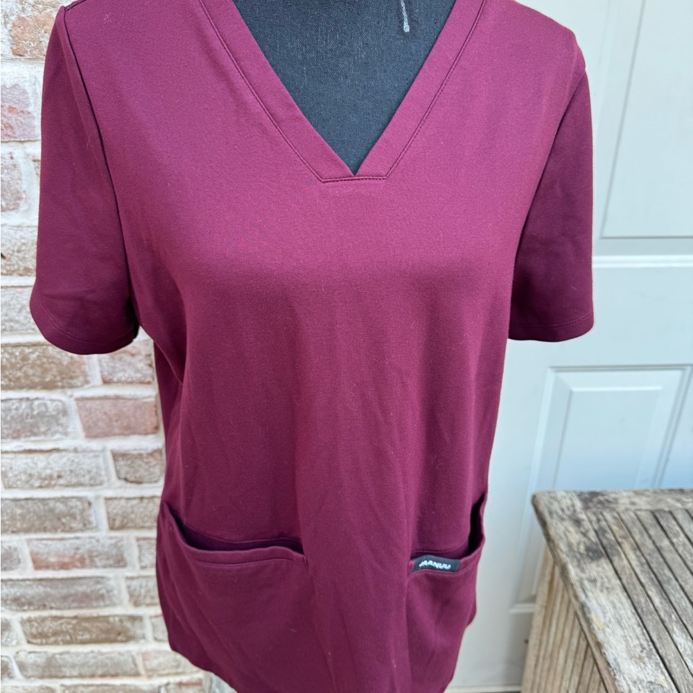 Jaanuu, Burgundy, V-Neck Short Sleeve, Scrub Top, Size XL